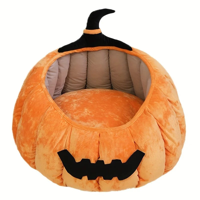 Cama para gatos acogedora con forma de calabaza de Halloween, cálida cama para mascotas con diseño de diablo de dibujos animados, nido de felpa suave para gatos y perros pequeños, para invierno y otoño 