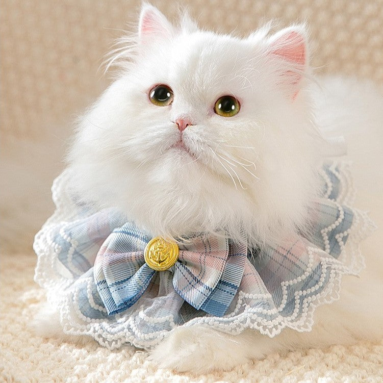 Big Bow Lace Edge Collar Plaid Cat Saliva Towel Bib Pet Decoration