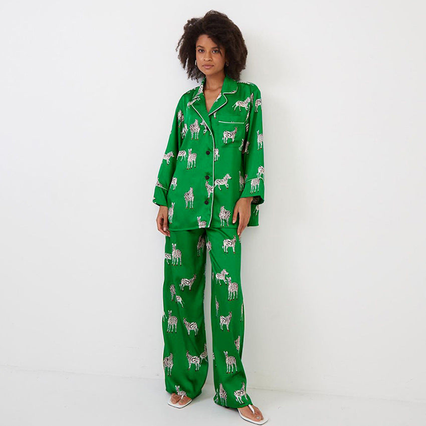 Animal Print Satin Satin Long-sleeved Suit Pajamas Ladies Green Comfortable Home Wear