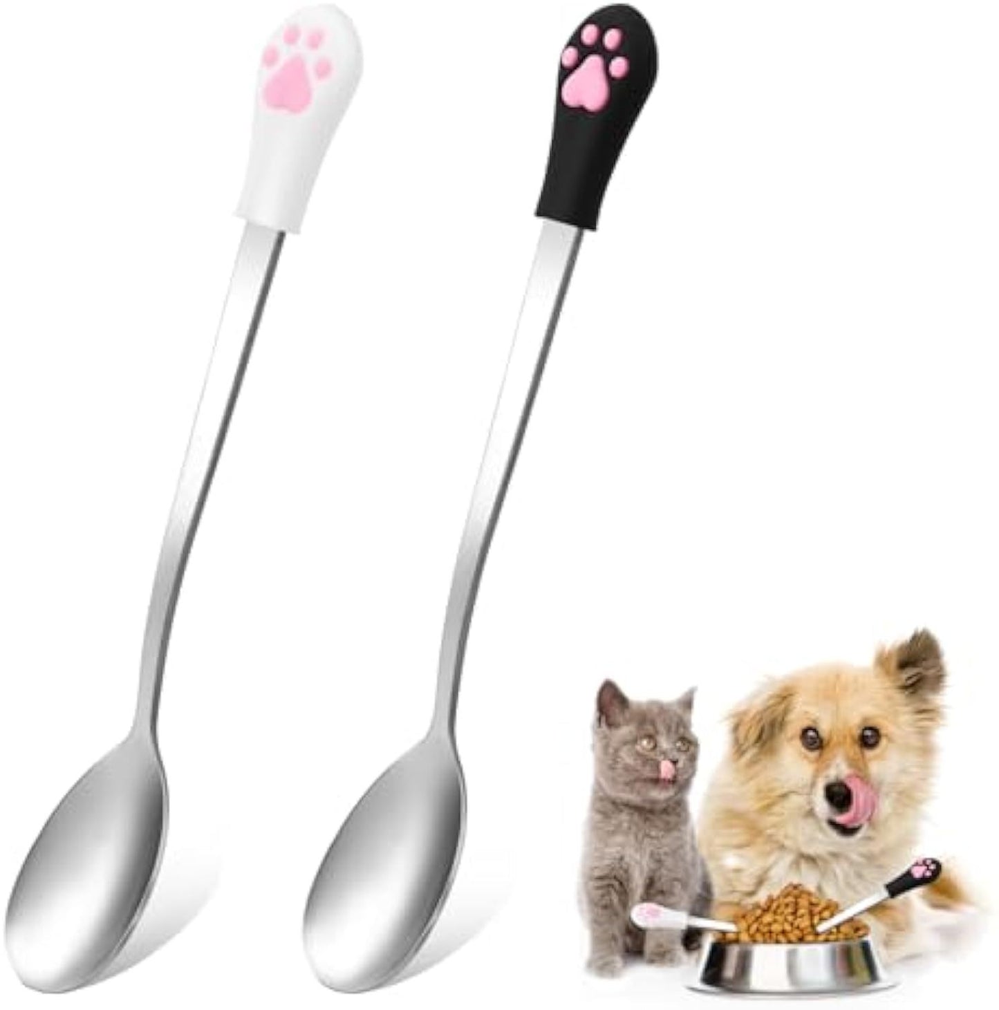 2 cucharas para perros y gatos, cuchara de acero inoxidable para comida húmeda, cuchara de mango largo para comida de gatos, cuchara para comida de perros y gatos, color blanco y negro