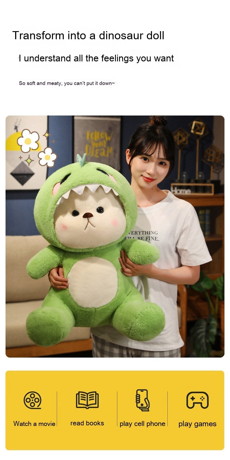 Transforming Dinosaur Bear Doll Plush Toy Sleeping Pillow