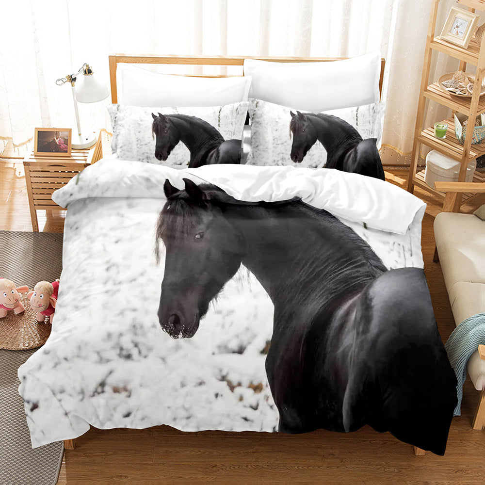 Animal Horse Pattern 3-piece Quilt Cover Set Coral Fleece Home Textile