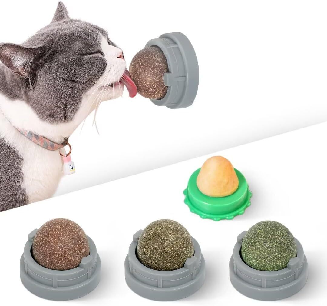 Potaroma Catnip Toys Balls 4 Piezas Bola de energía Extra para Gatos Gatito Comestible Silvervine Juguetes para Gatos Lamer Saludable Limpieza de Dientes Juguetes para Masticar Dentales Golosinas de Pared para Gatos