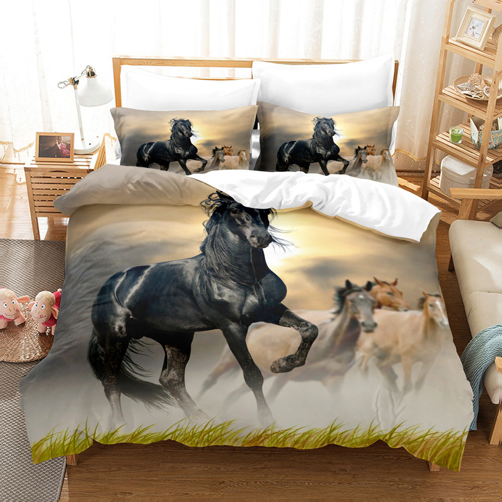 Animal Horse Pattern 3-piece Quilt Cover Set Coral Fleece Home Textile