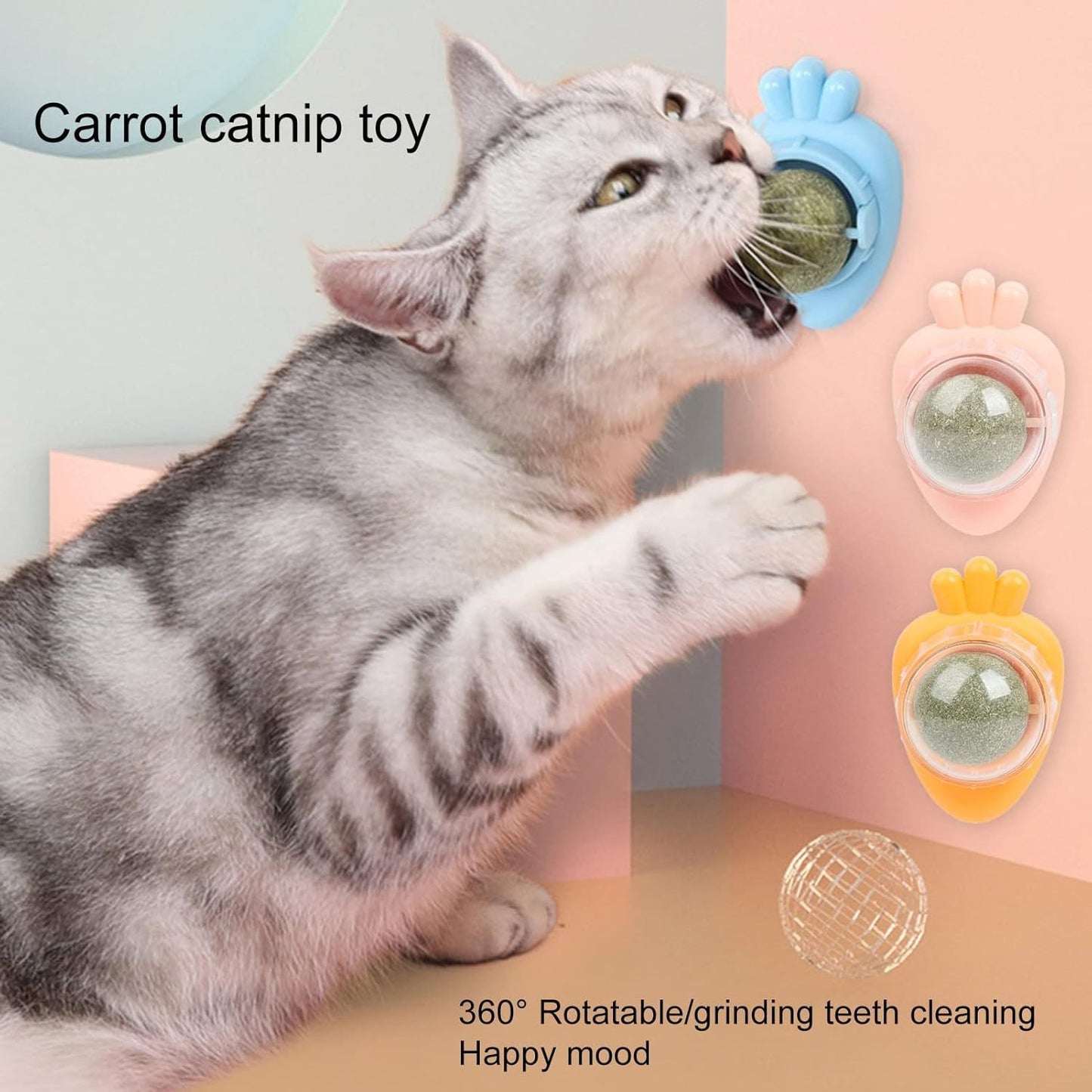 Juguetes de hierba gatera autoadhesivos con forma de zanahoria, bolas de hierba gatera para gatos de interior, bolas de menta para montar en la pared para limpiar los dientes de los gatos, color azul