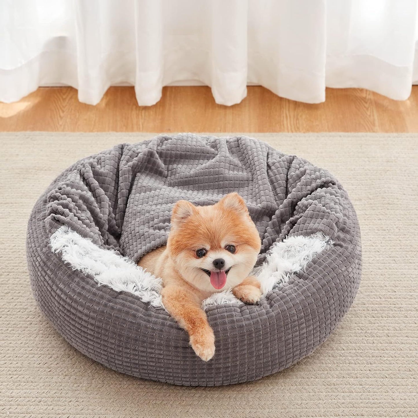 Small Dog Bed With Blanket Attached, Round Calming Hooded Cozy Cave Dog Beds For Small Dogs, Soft Plush Cuddler Puppy Pet Bed And Dog Burrow Cave Bed, Anti-Slip Bottom