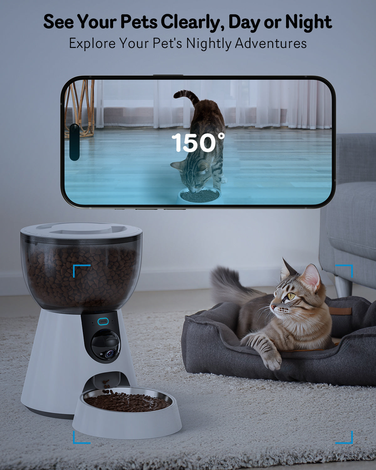 Distributeur automatique de nourriture pour chat avec caméra, vidéo HD 1080P, vision nocturne, WiFi 5G, audio bidirectionnel, enregistreur vocal 10 s, faible niveau de nourriture et blocage