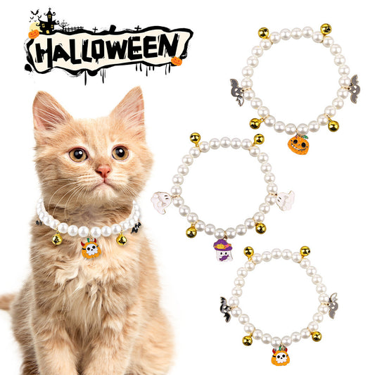 3pcs Pearl Necklace For Pets Halloween Decoration Cat Necklace Puppy Dog Bell Neck Ornament