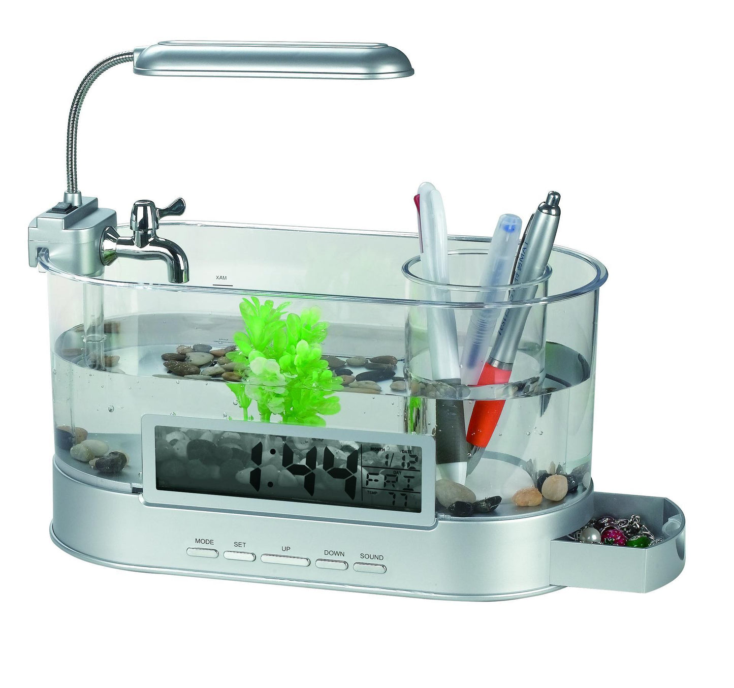 Mini Aquarium de bureau USB, heure, Date, semaine, alarme de température, porte-stylo Transparent