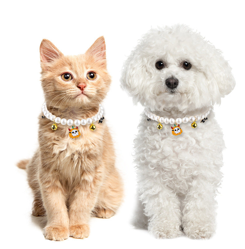 3pcs Pearl Necklace For Pets Halloween Decoration Cat Necklace Puppy Dog Bell Neck Ornament