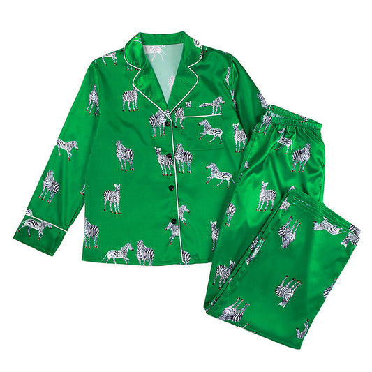 Animal Print Satin Satin Long-sleeved Suit Pajamas Ladies Green Comfortable Home Wear