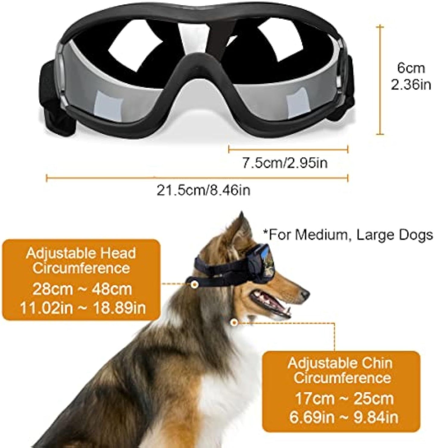 Elegantes gafas de sol para perros a prueba de viento, hermosas gafas para mascotas para razas grandes y medianas con protección solar, antivaho y correa ajustable para conducir, nadar, surfear 