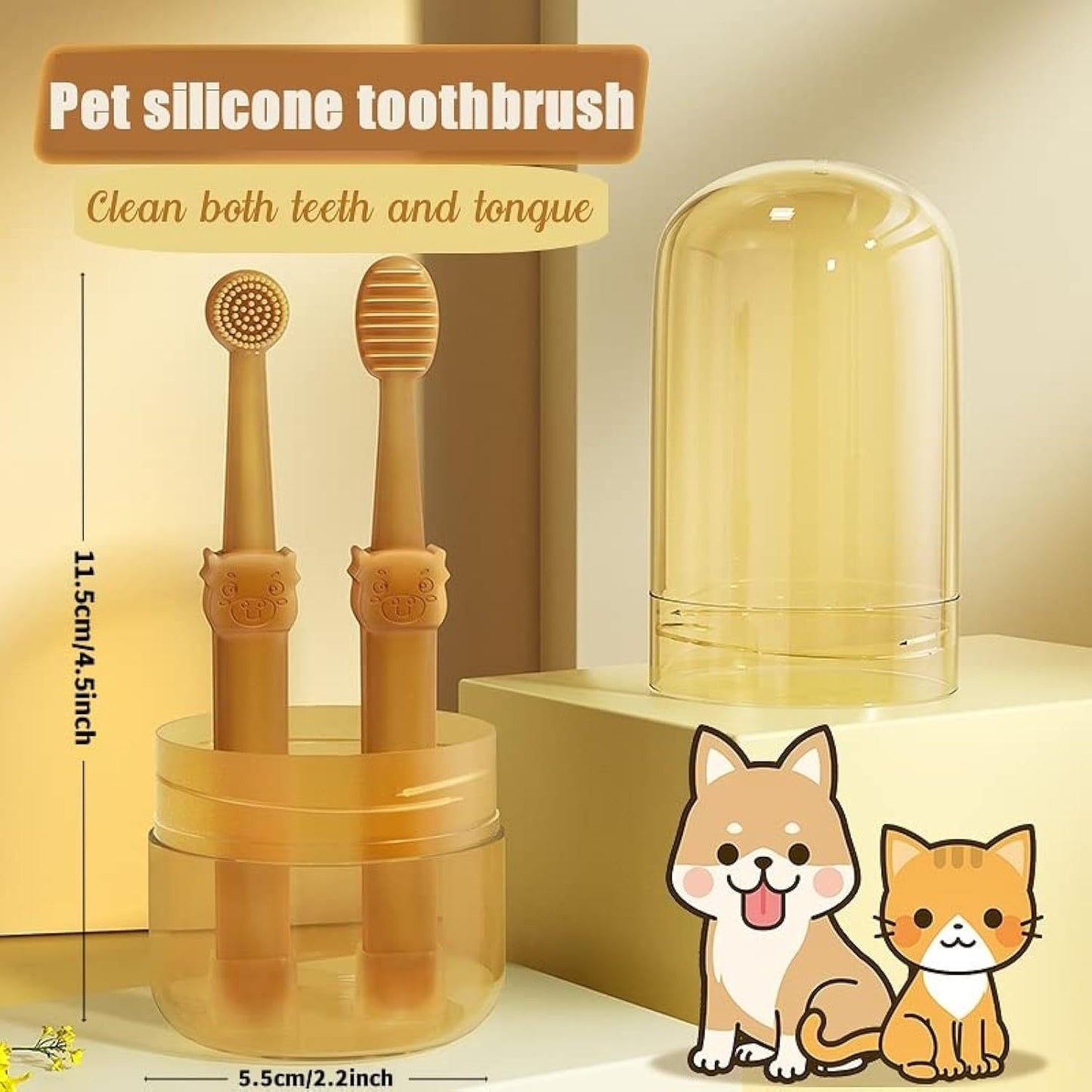 Brosse à dents pour chien à angle 360 ​​avec brosse de nettoyage de la langue, kit de brosse à dents en silicone pour chats et chiens avec tasse de rangement - Soins dentaires pour petits animaux 