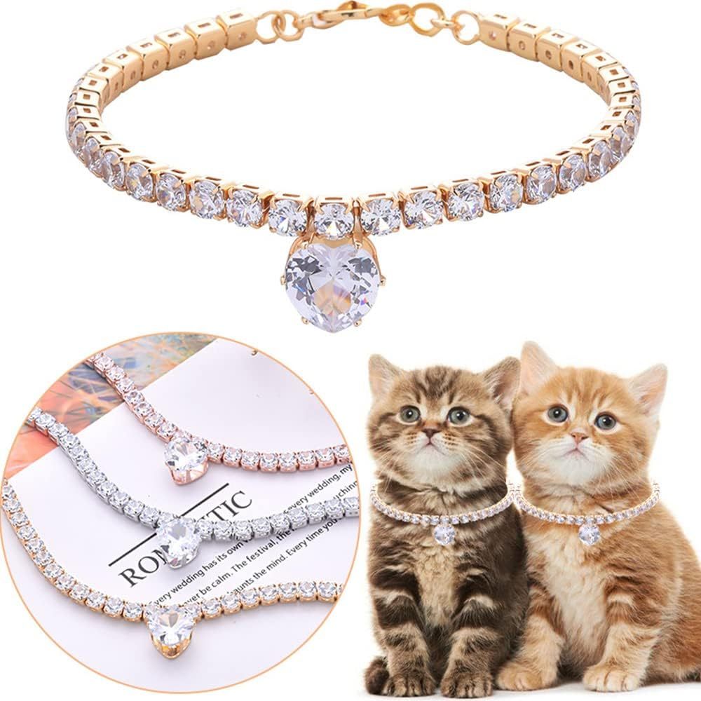 Collar con forma de corazón y brillantes diamantes de imitación para gatos y perros, collar con gemas para mascotas, collar con diamantes de imitación para gatos y perros