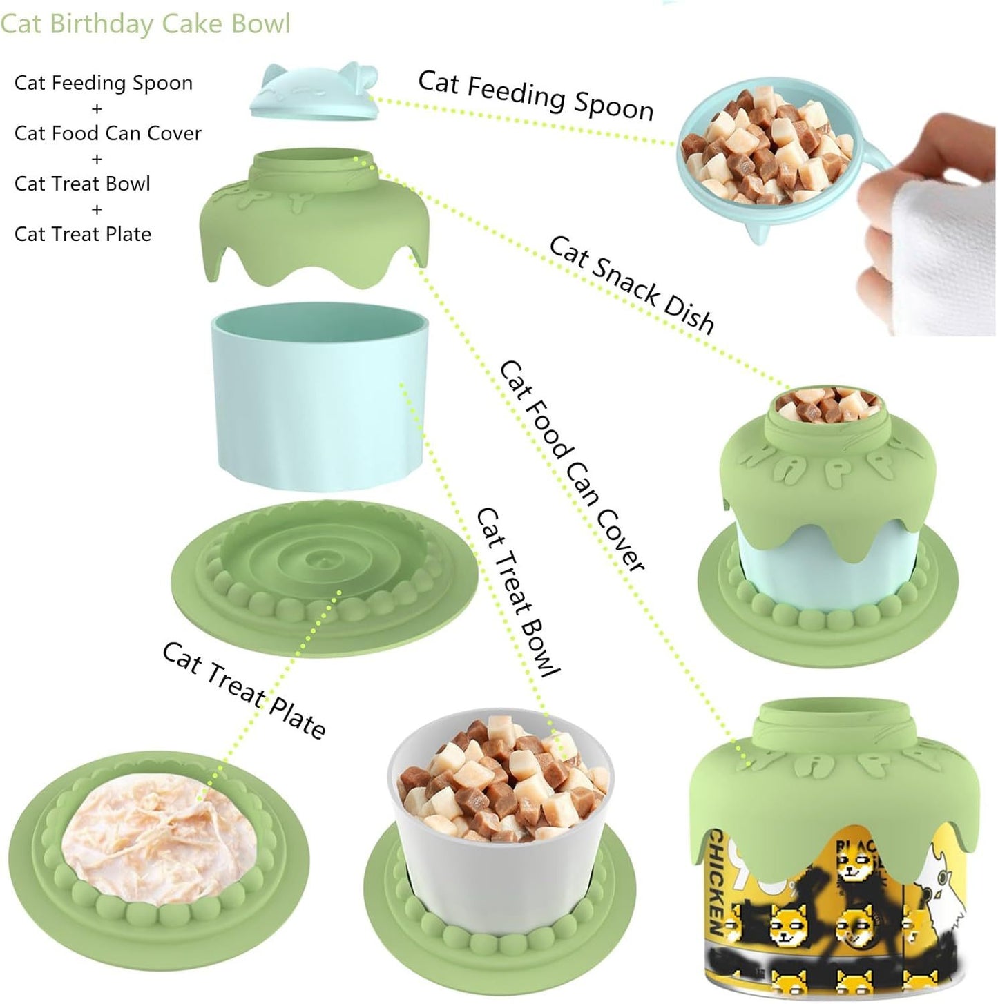 Cat Birthday Party Supplies  Cat Birthday Cake Bowl Includes Cat Slow Feeder Bowl Cat Food Bowl Pet Food Can Cover Silicone Can Lids Cat Feeding Spoon