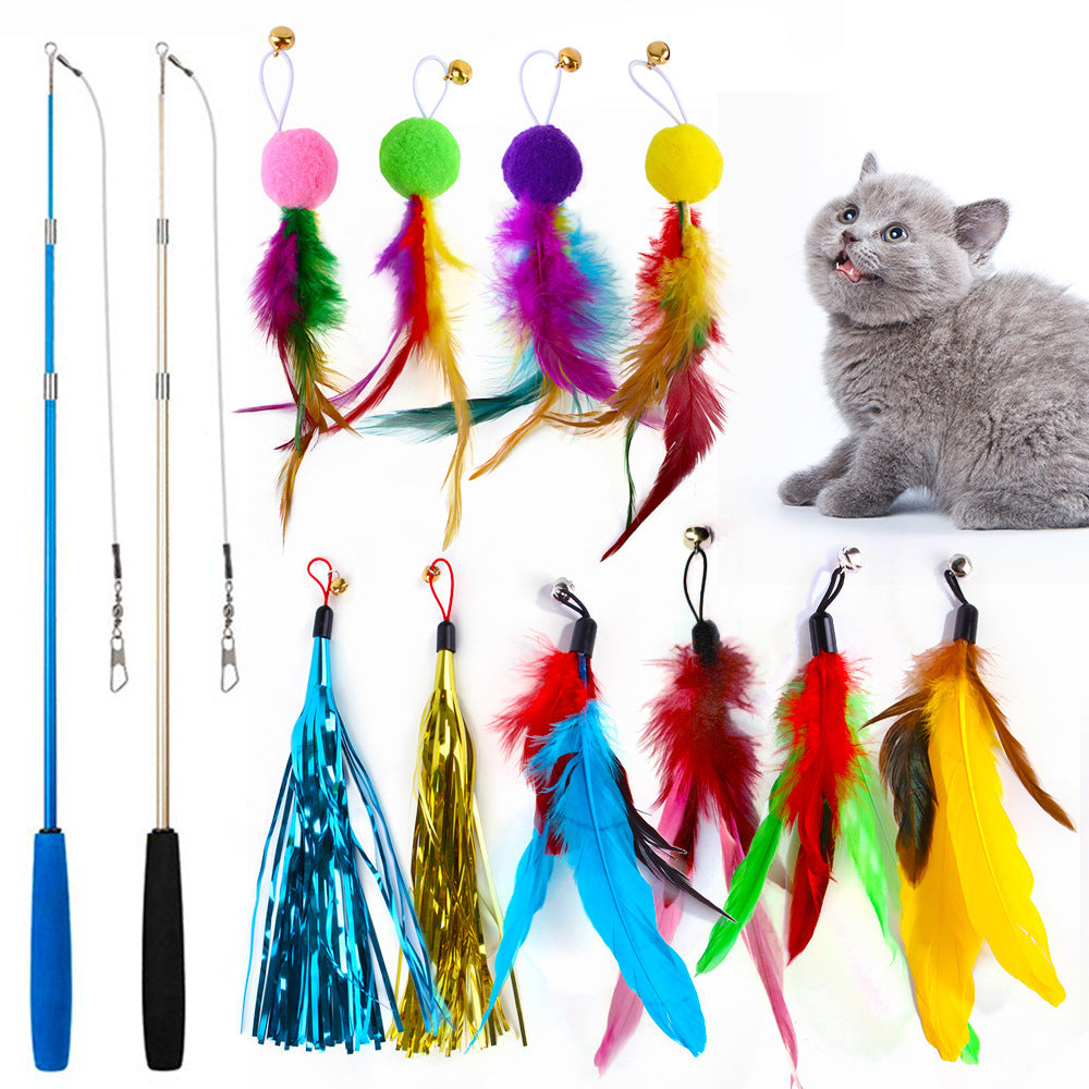 New Product Cat Toy Suit Colorful Feather Replacement Head Three Sections Fishing Rod