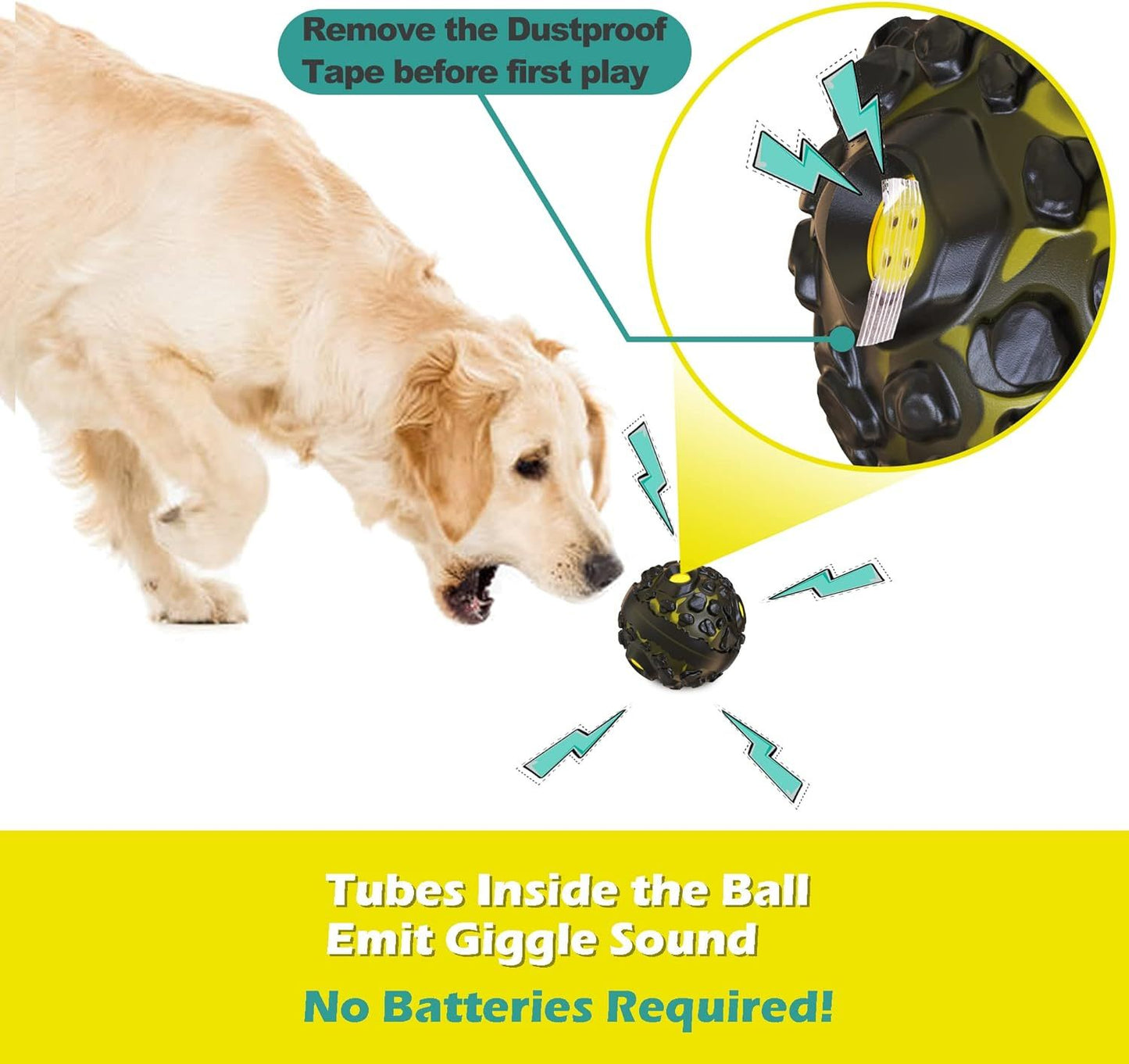 Pelota interactiva para perros para masticadores agresivos - Juguete para mascotas duradero y chirriante - Goma no tóxica y divertido sonido de risita oscilante - Negro y amarillo