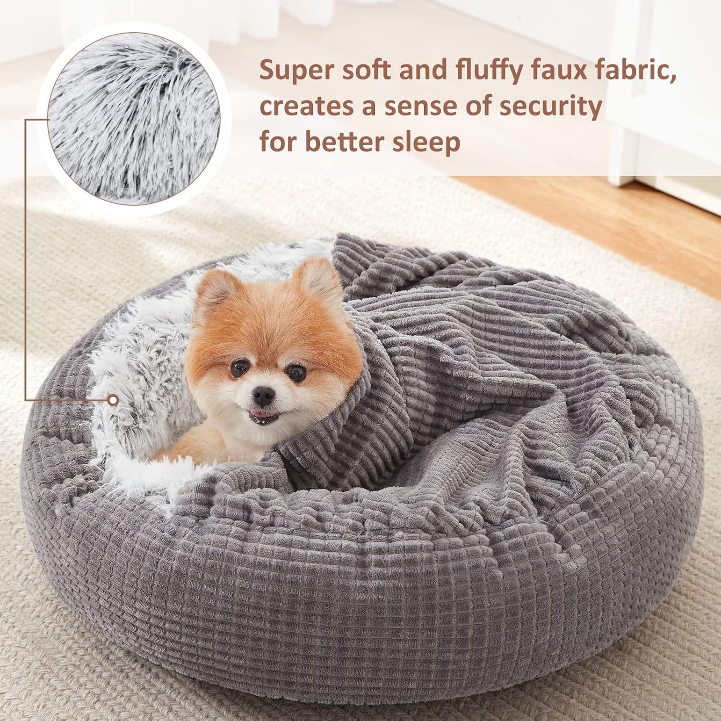 Small Dog Bed With Blanket Attached, Round Calming Hooded Cozy Cave Dog Beds For Small Dogs, Soft Plush Cuddler Puppy Pet Bed And Dog Burrow Cave Bed, Anti-Slip Bottom