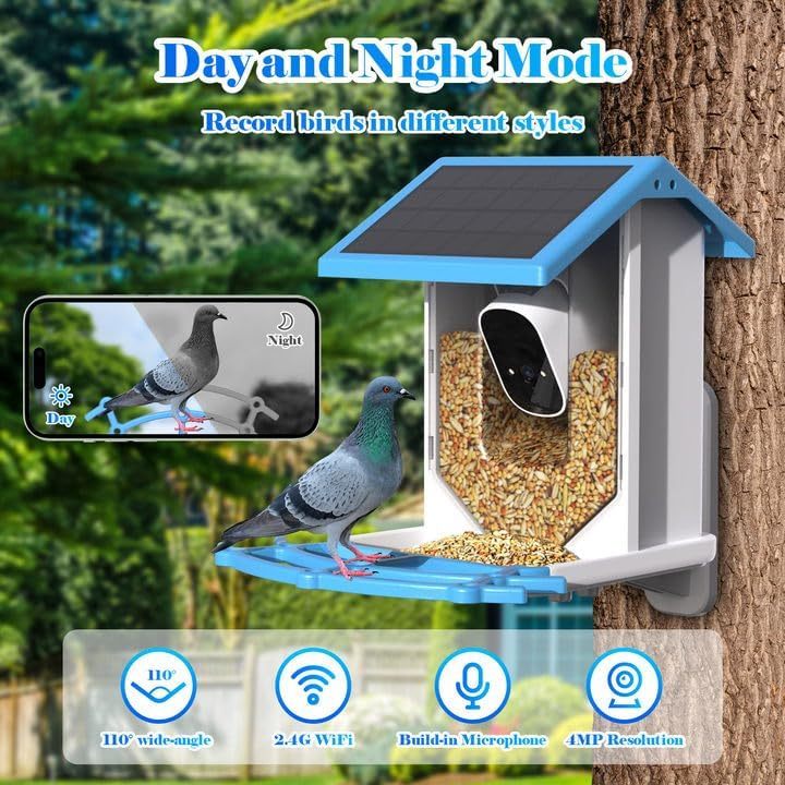 Smart Bird Feeder With Camera,Solar-Powered WiFi 4MP Live Camera,AI Identify Bird Species Auto Capture Garden Bird Watching&Motion Detection,Ideal Gift For Bird Lovers,Blue