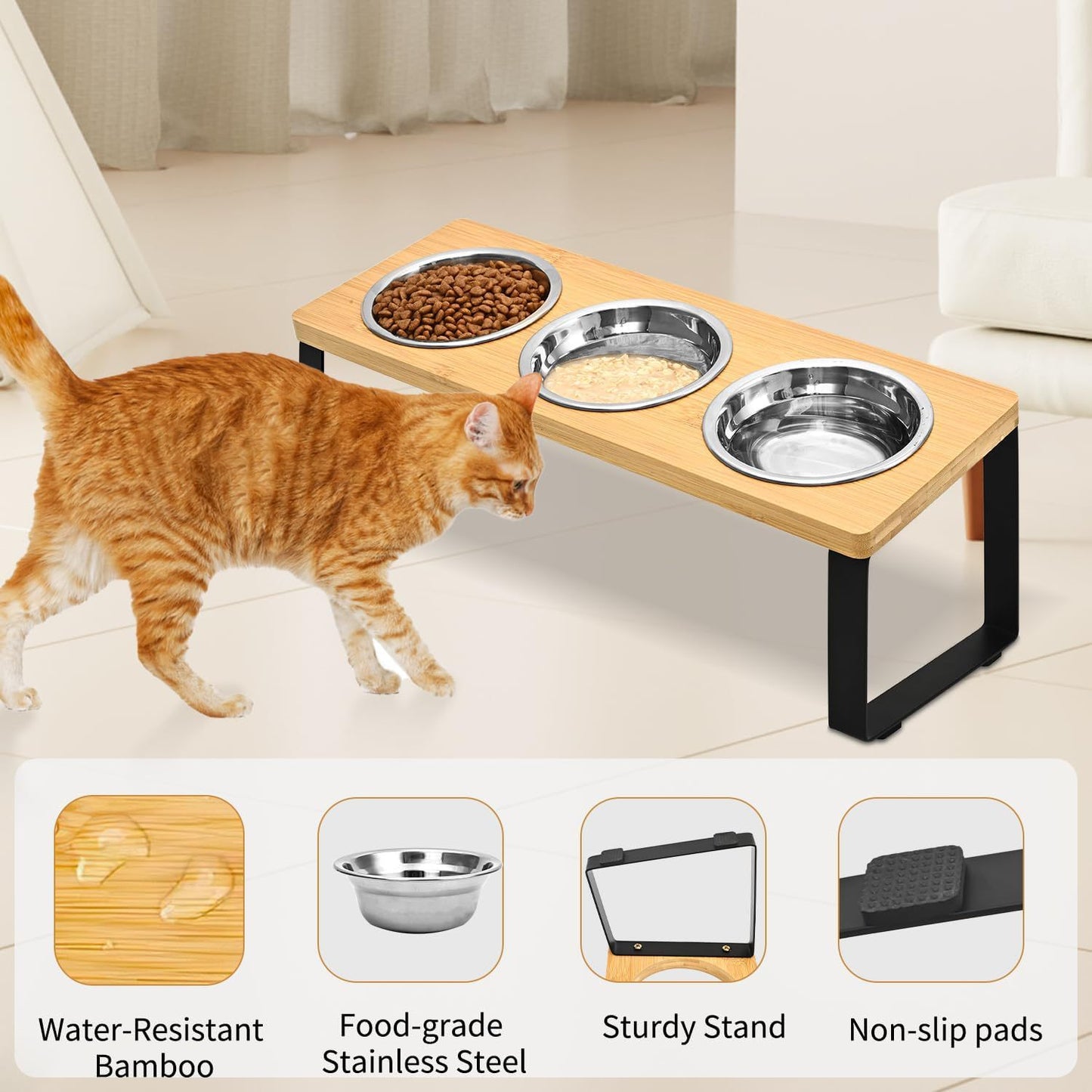 Support d'alimentation pour animaux de compagnie en bois de fer combiné avec support de bol pour chat