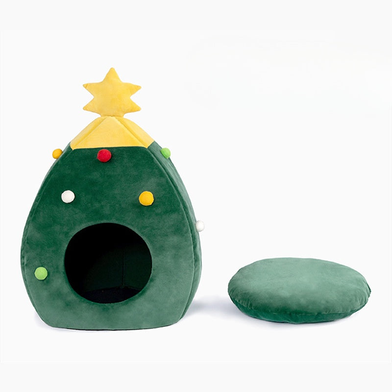 Christmas Cat And Dog Nest Warm Comfortable Plush Teddy Pet Bed Cave Bed Shape Tree Cat Nest Detachable And Washable Pet Supplies