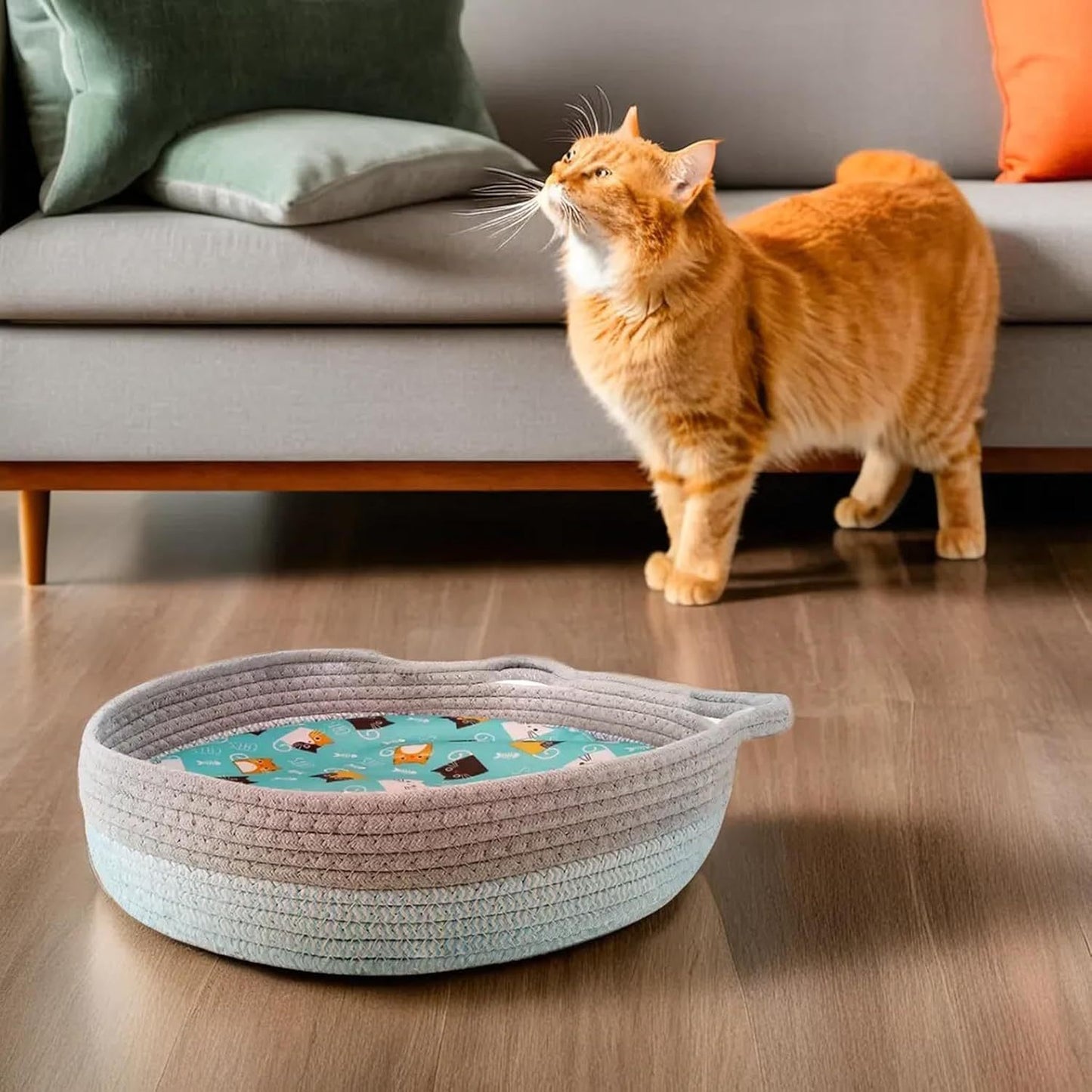 Lit rond pour chat d'intérieur, panier pour chat, lit en osier pour chat, lit en forme de beignet, nid rafraîchissant pour chat pour dormir en été, coussin lavable pour animaux de compagnie pour gratter le chat