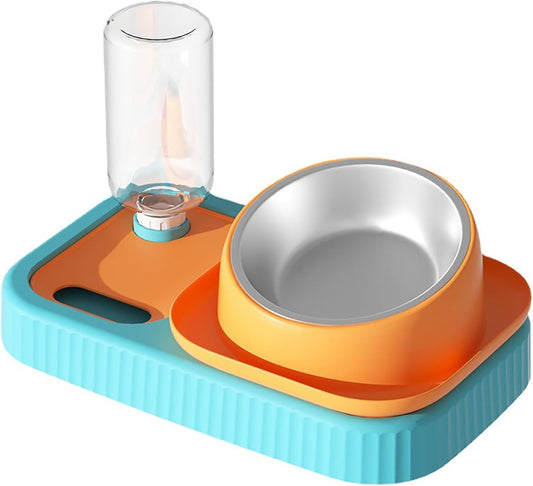 Juego de cuencos para comida y agua para perros y gatos, cuencos dobles para comida con botella de agua automática con gravedad, comedero lento elevado, cuenco de acero inoxidable desmontable, dispensador antiderrames con inclinación de 15 grados