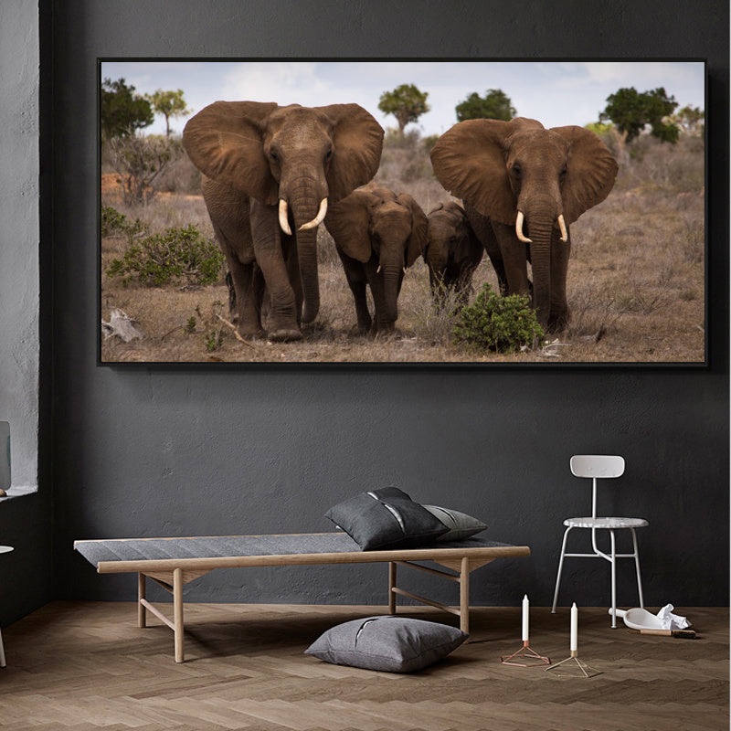 Black And White Animal Poster African Wild Elephant Family Portrait Home Decor