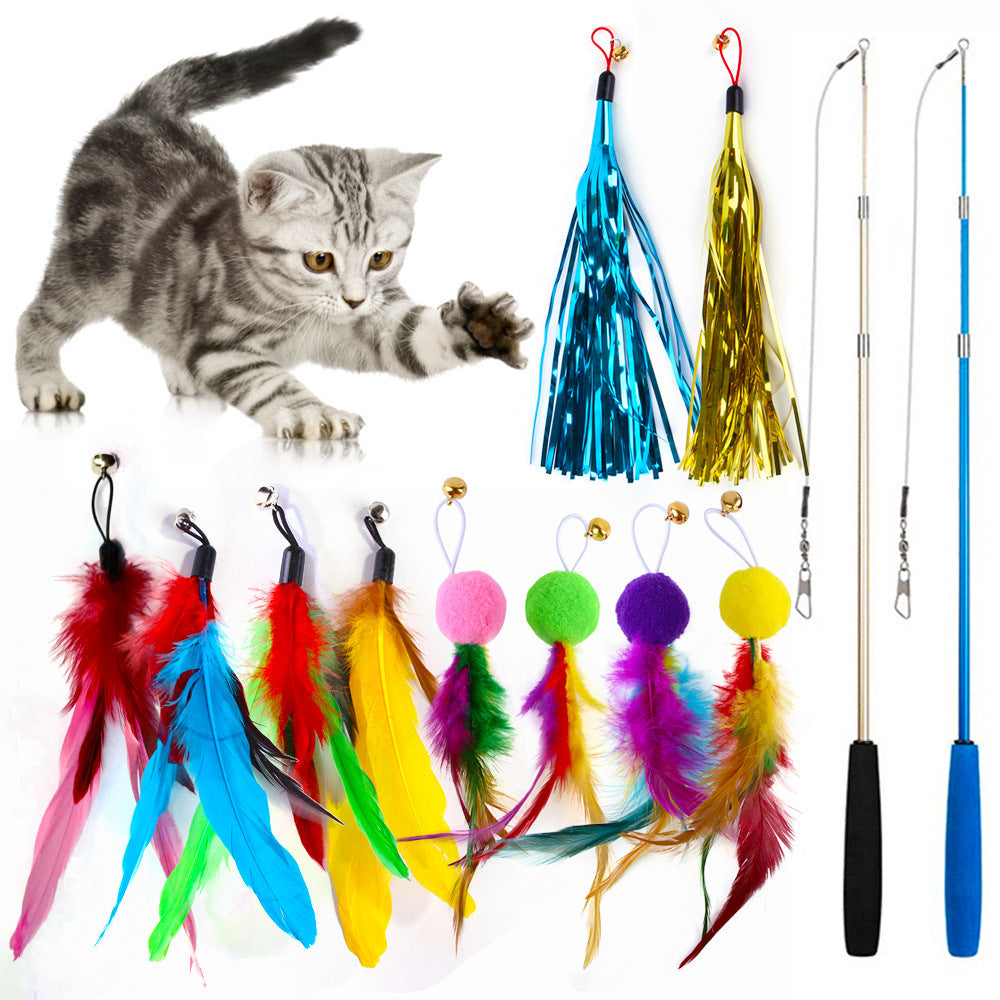 New Product Cat Toy Suit Colorful Feather Replacement Head Three Sections Fishing Rod