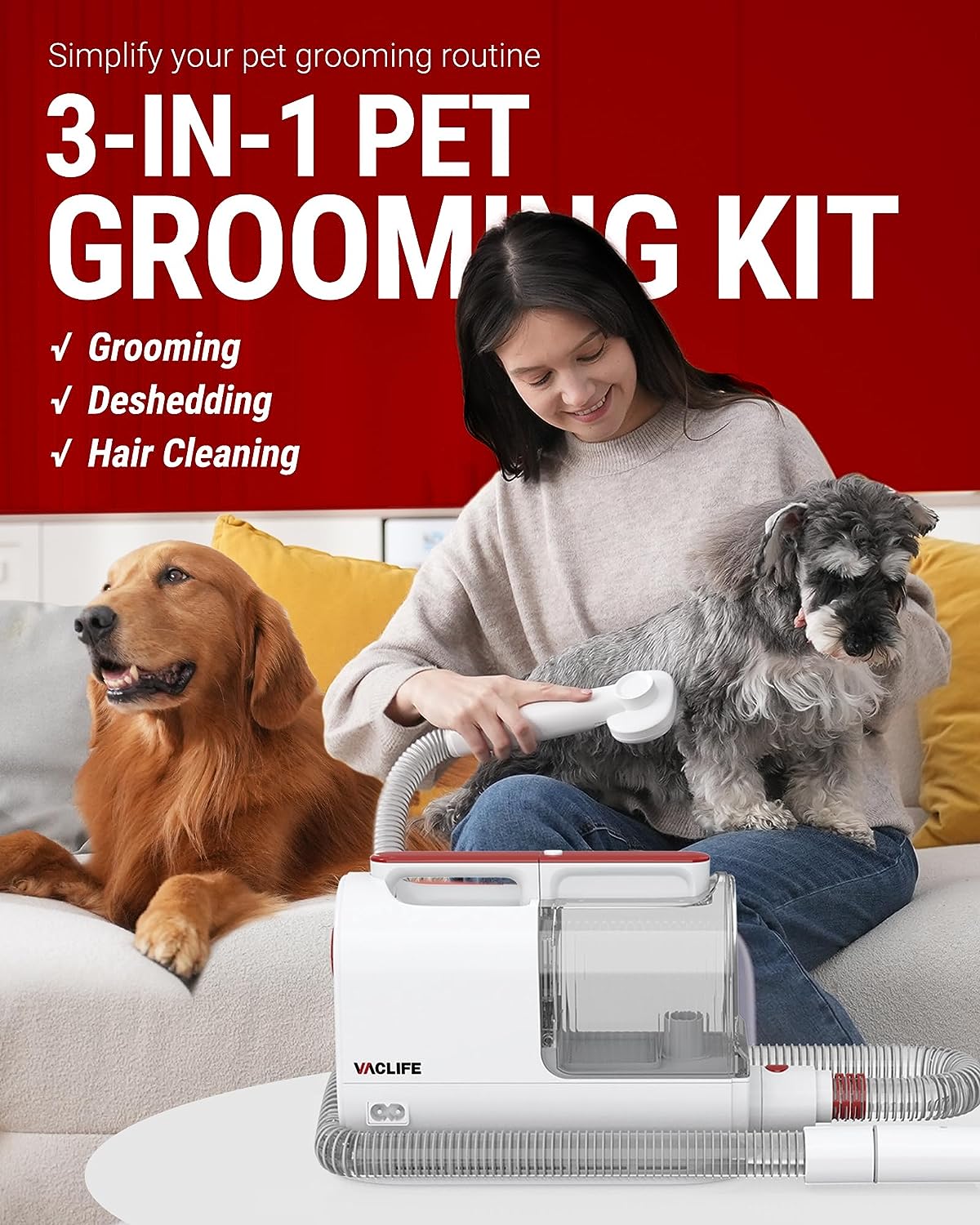 VacLife Aspirateur pour poils d'animaux pour le toilettage avec tondeuse pour chien – Kit de toilettage polyvalent avec brosses et autres outils de toilettage pour chiens et chats – Faible bruit – Blanc et rouge