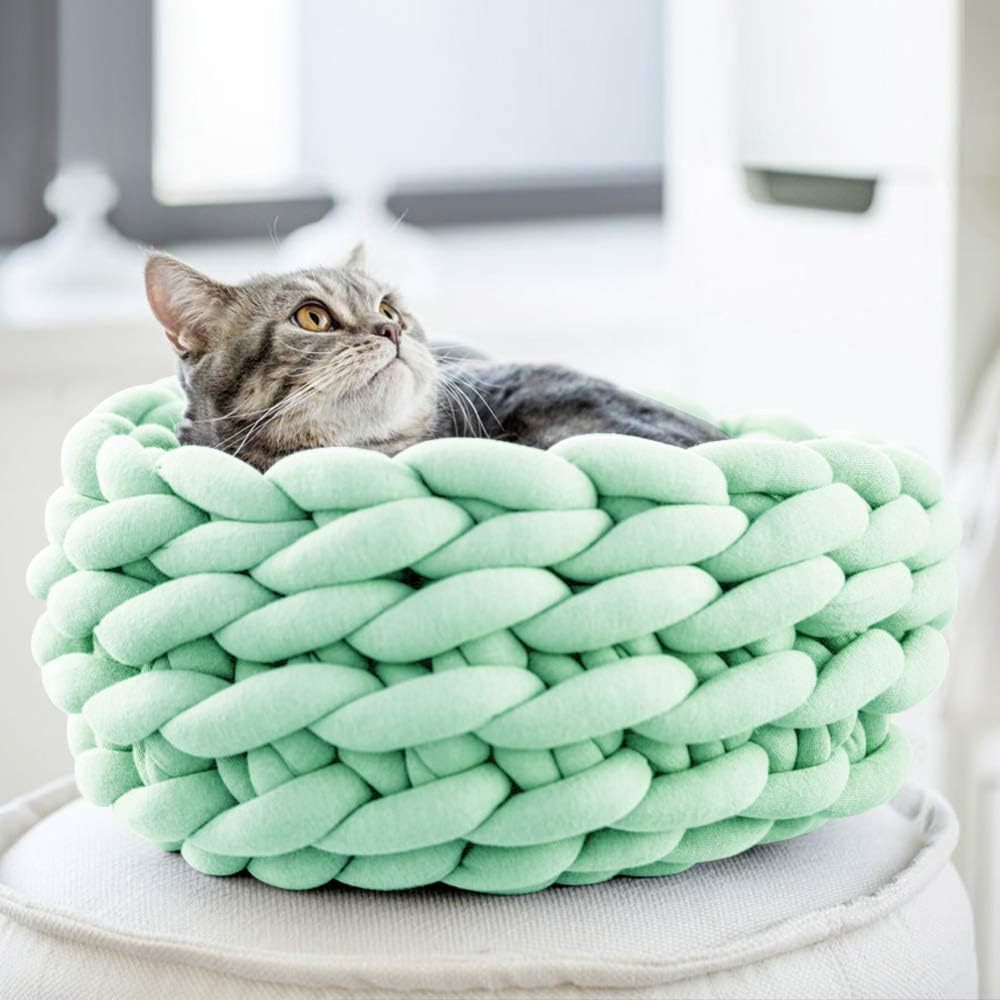 Cama tipo cesta para gatos, camas redondas tejidas de algodón para mascotas, bonita cama bohemia para gatos, nido para gatos tejido cálido para cachorros, gatitos, perros