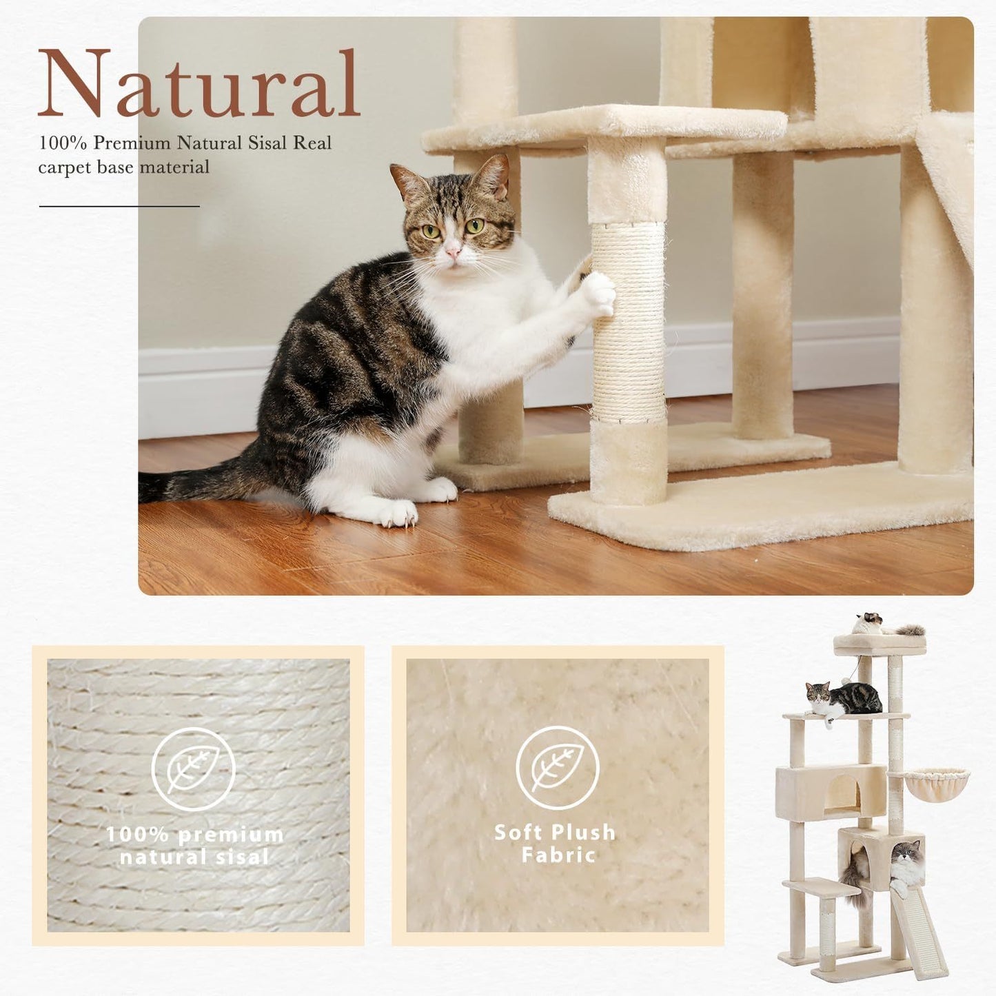 Árbol para gatos de varios niveles de 60,62 pulgadas, torre para gatos de interior con poste rascador cubierto de sisal, acogedor condominio para gatos, percha superior acolchada para gatos de interior