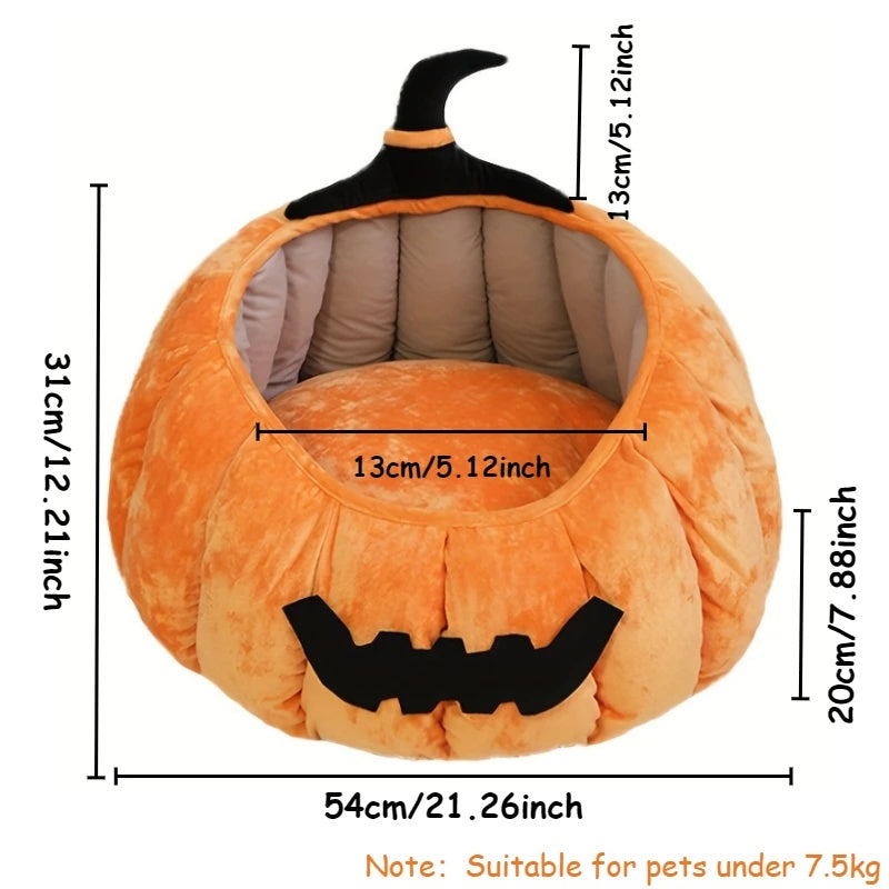 Cama para gatos acogedora con forma de calabaza de Halloween, cálida cama para mascotas con diseño de diablo de dibujos animados, nido de felpa suave para gatos y perros pequeños, para invierno y otoño 