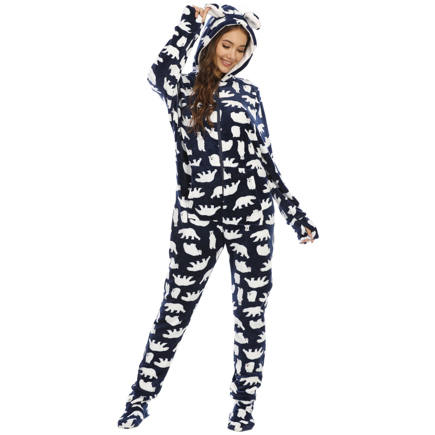 Animal Print One-piece With Foot Cover Pajamas And Home Wear