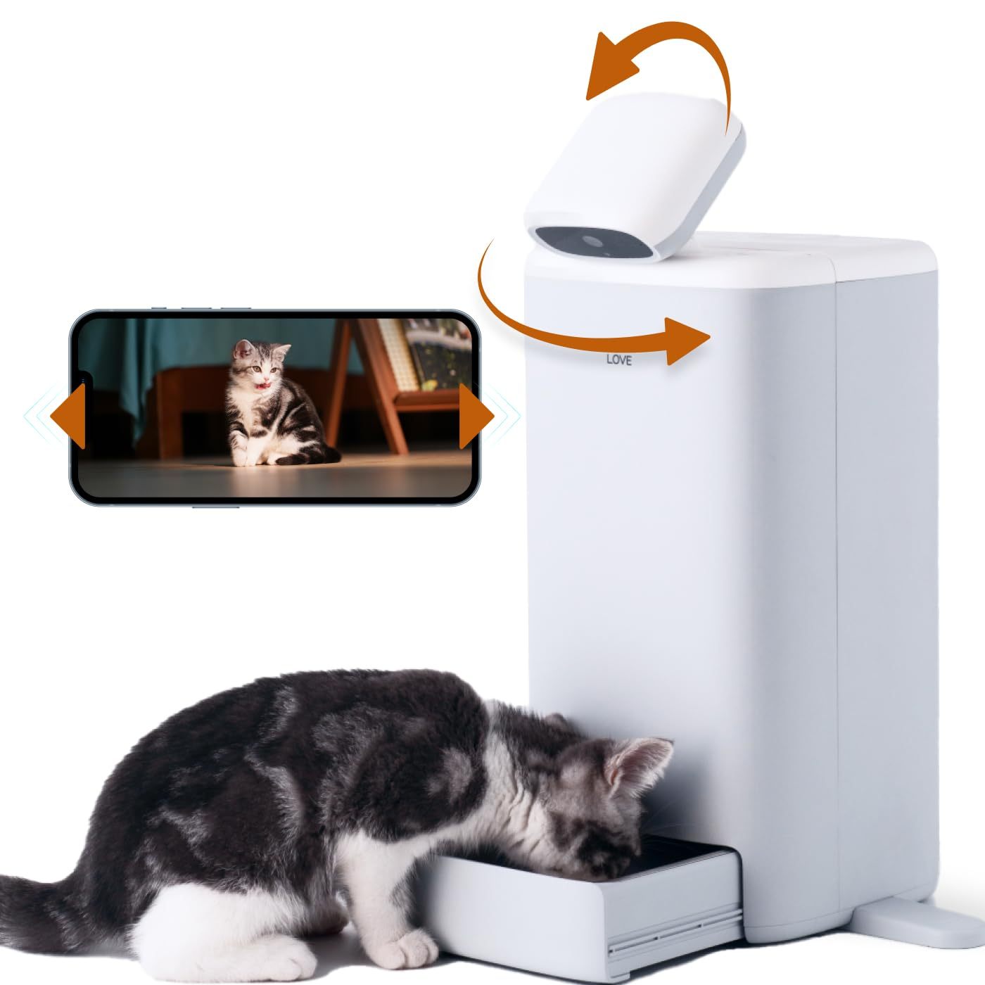 Cámara automática para alimentador de gatos Alimentador de mascotas temporizado Cámara de control de porciones 1080P HD Video en vivo Audio de 2 vías Grabación de video Visión nocturna Doble potencia Alerta de comida baja Provocación láser