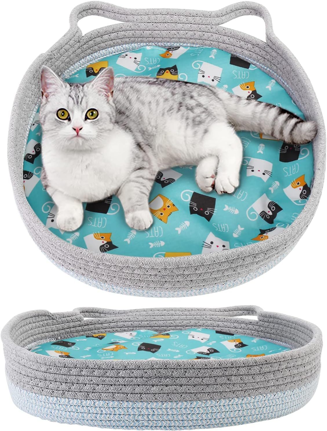 Lit rond pour chat d'intérieur, panier pour chat, lit en osier pour chat, lit en forme de beignet, nid rafraîchissant pour chat pour dormir en été, coussin lavable pour animaux de compagnie pour gratter le chat