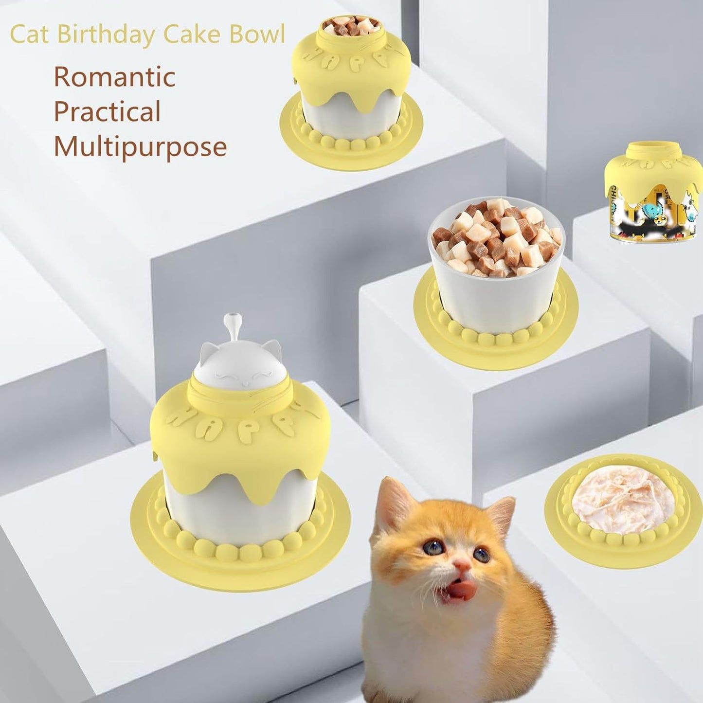 Cat Birthday Party Supplies  Cat Birthday Cake Bowl Includes Cat Slow Feeder Bowl Cat Food Bowl Pet Food Can Cover Silicone Can Lids Cat Feeding Spoon