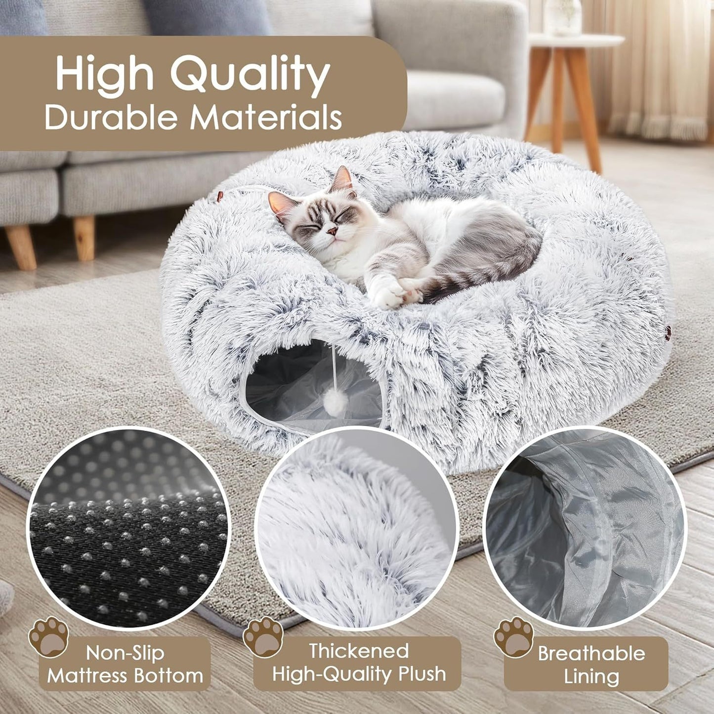 Lit tunnel pour chat pour chats d'intérieur Peekaboo Cat Cave avec tapis de jeu doux lavable Tube en fourrure pour chat pour chaton chiot lapin gris