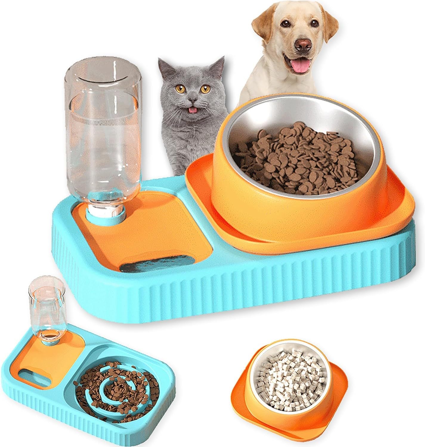 Ensemble de gamelles pour chien et chat - Double gamelle avec bouteille d'eau à gravité automatique - Mangeoire lente surélevée - Bol amovible en acier inoxydable - Distributeur surélevé anti-déversement à 15 inclinaisons