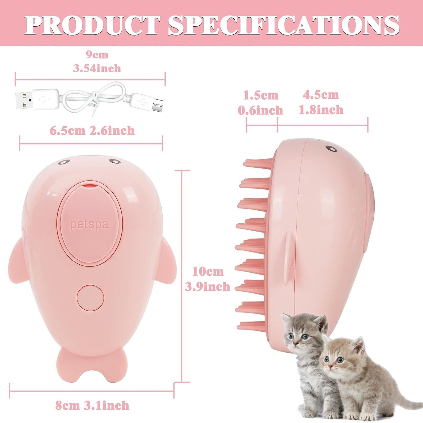 Whale Cat Steam Brush-3 In 1 Steamy Cat Brush, Rechargeable Steamy Pet Brush Self Cleaning Cat Groom Brush Silicone Spray Cat Steamer Brush For Massage, Pet Hair Removal Comb For Cats Dog