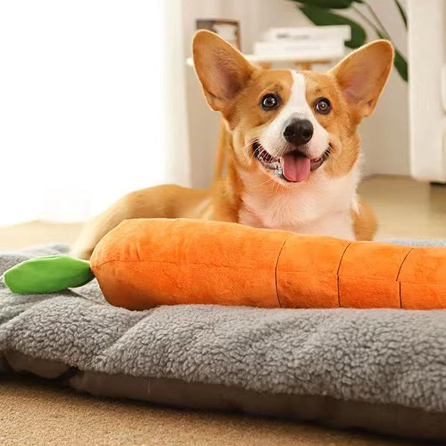 Linda zanahoria con chirriador suave, juguete de peluche para mascotas con forma de zanahoria con sonido, juguete para perros suave y cómodo resistente a mordeduras 