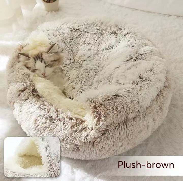 Lit d'hiver 2 en 1 pour chien et chat, lit rond en peluche chaud, maison douce et longue en peluche pour animaux de compagnie