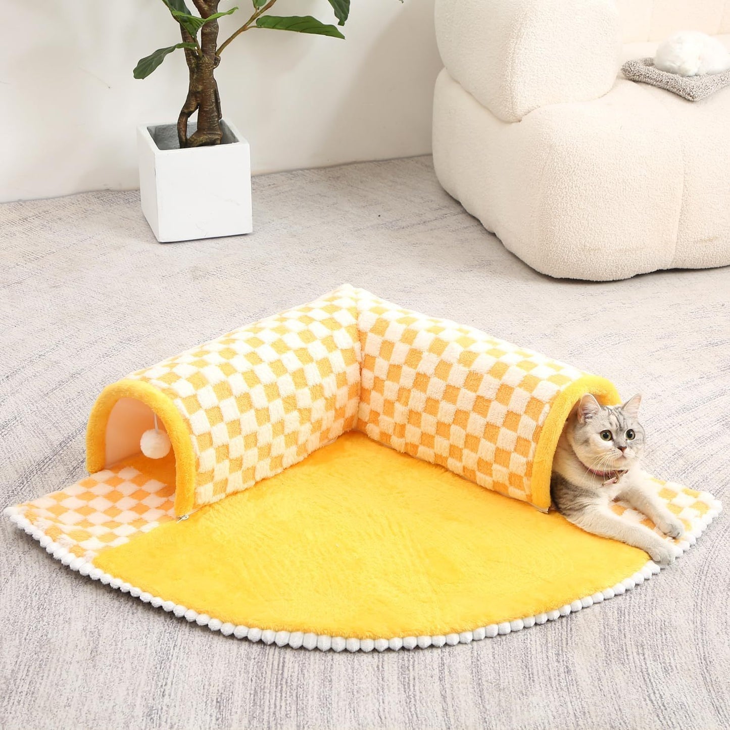 2 In 1 Dog Cat Bed Tunnel Cute Fan Shaped Pet Bed Funny Plush Plaid