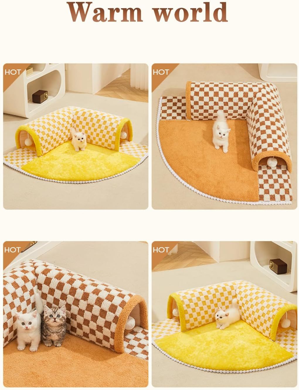 Divertida cama túnel para gatos a cuadros de felpa Cama túnel para gatos con tapete central Cama túnel para gatos a cuadros de felpa Túnel con cremallera para gatos de interior