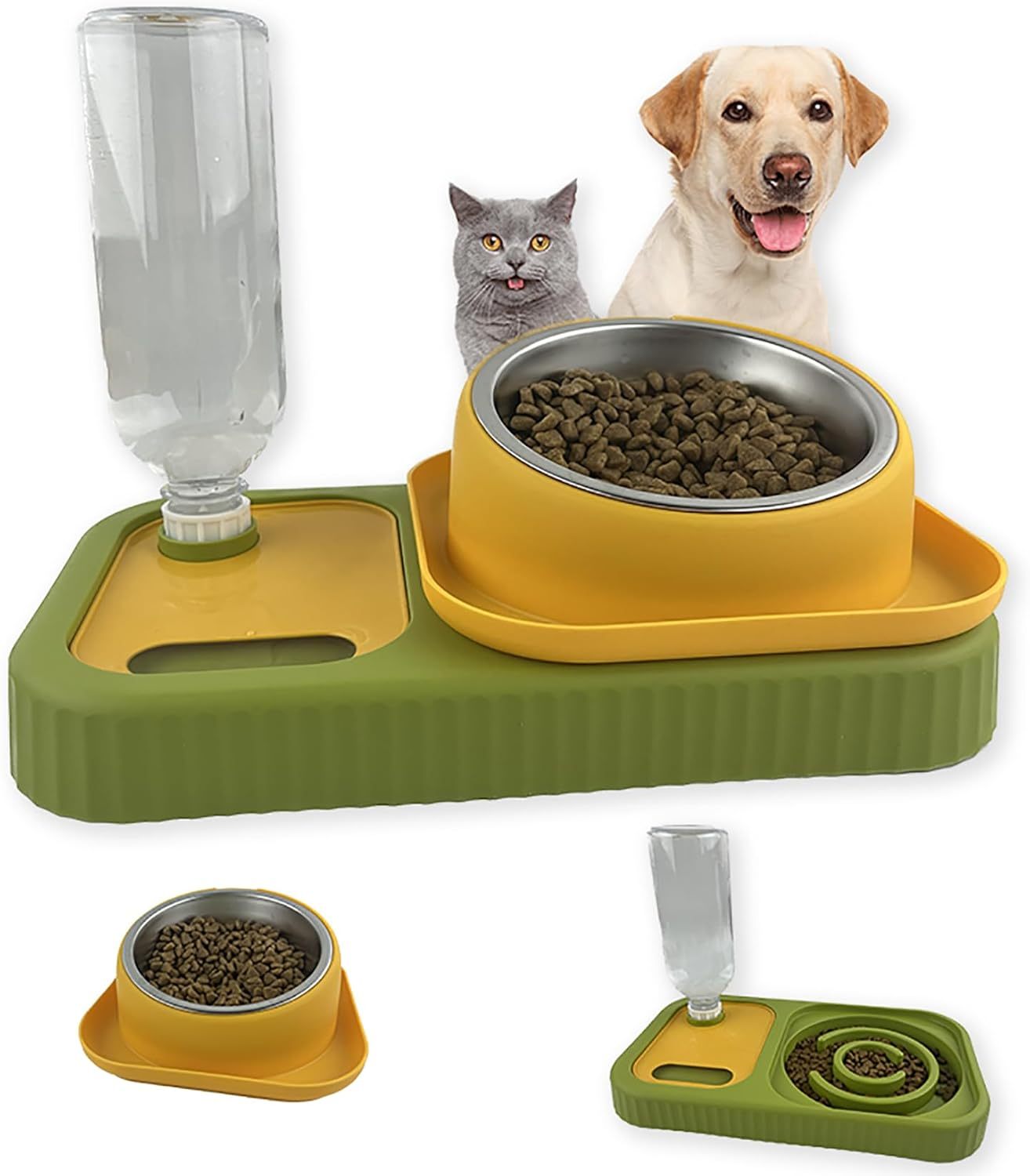 Ensemble de gamelles pour chien et chat - Double gamelle avec bouteille d'eau à gravité automatique - Mangeoire lente surélevée - Bol amovible en acier inoxydable - Distributeur surélevé anti-déversement à 15 inclinaisons