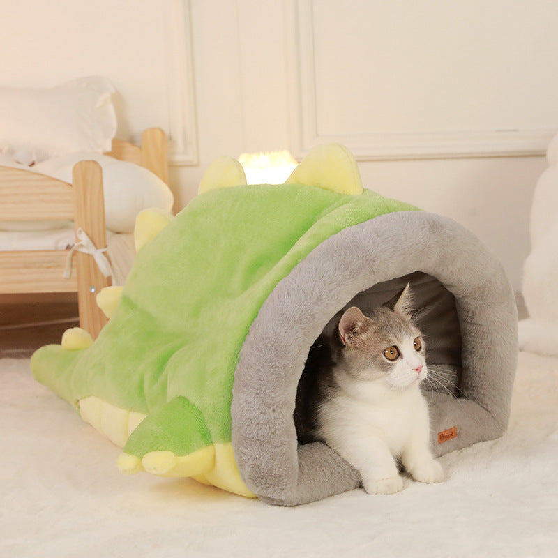 Cama cálida semicerrada para gatos con forma de dinosaurio, gruesa, para mascotas