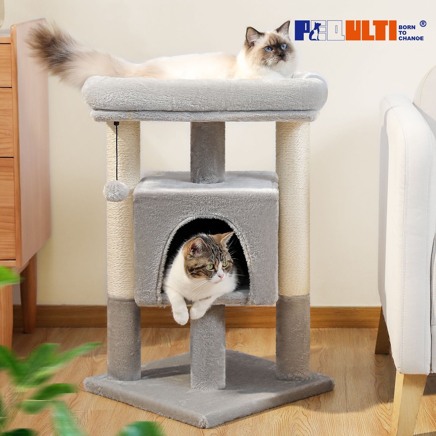 Torre para gatos Pefilos de 29 pulgadas para gatos de interior, condominio para gatos con postes rascadores de sisal, percha de felpa, muebles tipo cama para gatos, color beige