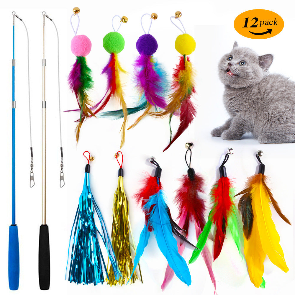 New Product Cat Toy Suit Colorful Feather Replacement Head Three Sections Fishing Rod