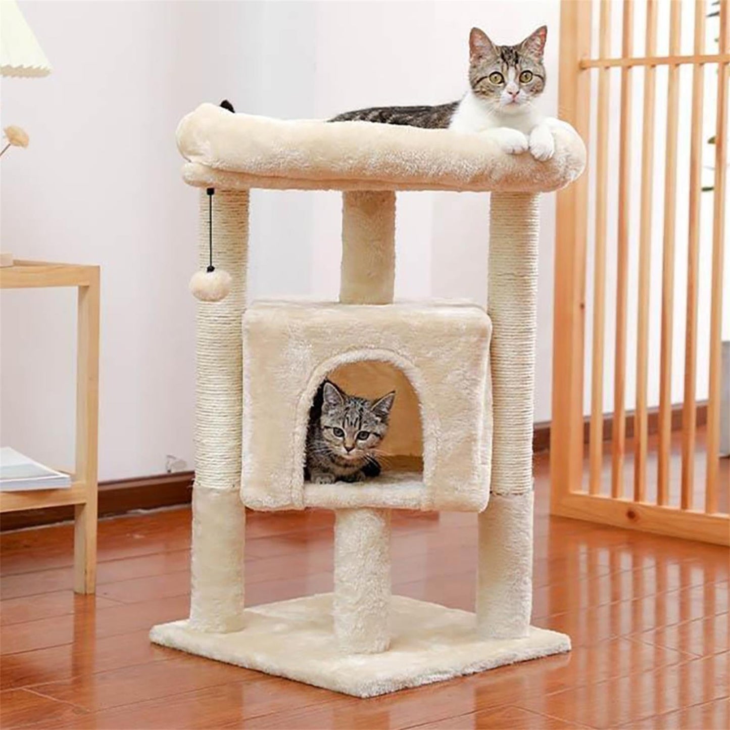 Torre para gatos Pefilos de 29 pulgadas para gatos de interior, condominio para gatos con postes rascadores de sisal, percha de felpa, muebles tipo cama para gatos, color beige