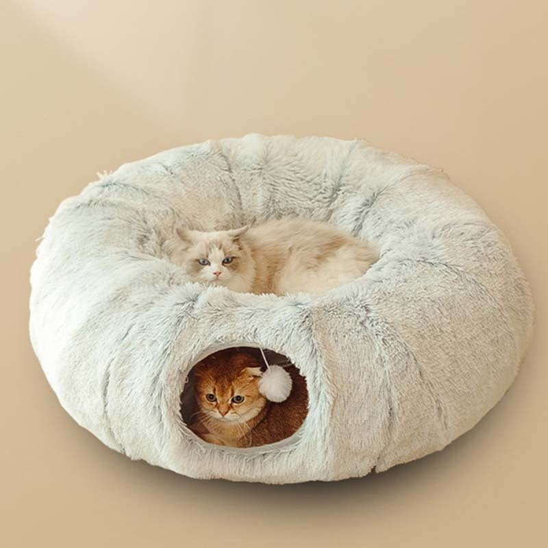 Lit pour chat en peluche chaud avec tunnel pour chats d'intérieur pliable en forme de donut pour chat, grotte de couchage antidérapante pour chaton, fournitures pour animaux de compagnie